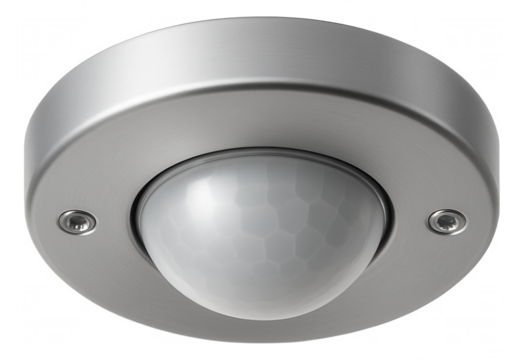Ceiling-mounted motion sensor for office spaces, with a low-profile circular design and metallic casing.