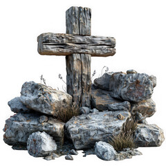 Fototapeta premium A single weathered wooden cross stands on a pile of gray rocks with dry grass, isolated on transparent background