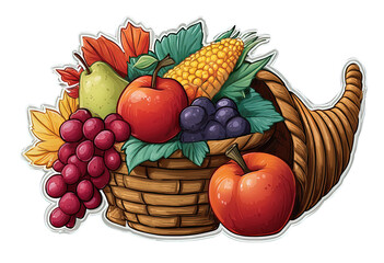 Thanksgiving cornucopia with fruits and vegetables isolated on transparent background