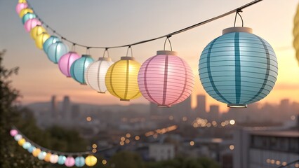 Pastel paper lanterns illuminate a string of lights at sunset, overlooking a blurred cityscape; festive, whimsical, and romantic mood; perfect for celebrations, events, and summer promotions.