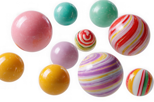 Assortment of colorful spheres and swirled candies isolated on transparent background