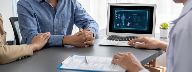 Medical science technology and futuristic healthcare virtual computer software analyze human health...