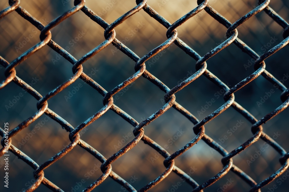 Poster closeup view of weathered chain links showing rust and wear against a blurred background, a close-up