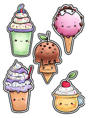 Collection of cute cartoon ice cream desserts isolated on transparent background