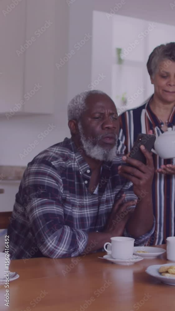 Poster animation of data processing over diverse group of seniors talking