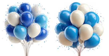 Two bunches of blue and white balloons floating cheerfully, isolated on transparent background