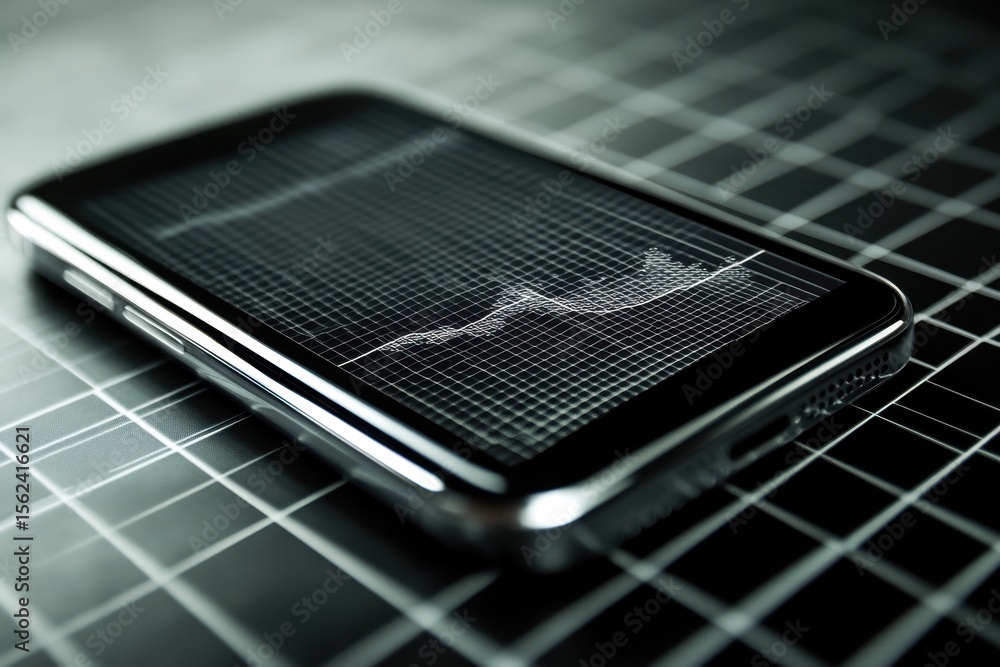 Poster smartphone displaying a detailed graph on a grid surface during a focused analysis session, check gr