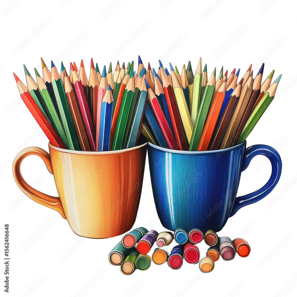 Poster colorful pencils displayed in cups on a clean surface, showcasing an array of shades and patterns, c