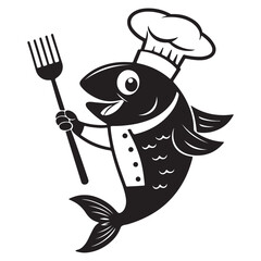 Happy chef fish holding fork silhouette vector clipart design