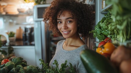 Woman smiling, kitchen fridge, healthy food, night