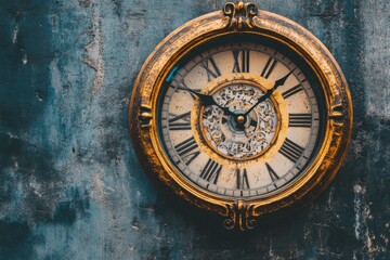 Obraz premium Clock face close up in time lapse against dark grey wall displaying intricate details, Clock Face 3 Close Up in Time Lapse on Dark Grey Wall in Office