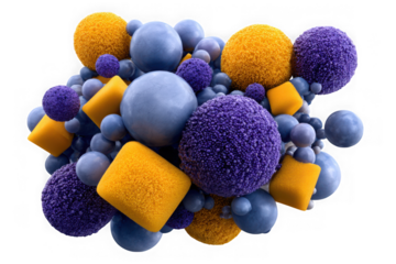 Abstract 3d rendering of textured spheres and cubes isolated on transparent background