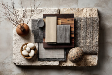 Flatlay of desert-toned fabrics and artisan objects on textured stone table