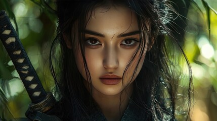 Woman, sword, forest, intense gaze, film still