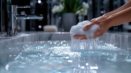 Woman washing hands, foam, bathroom, luxury, spa