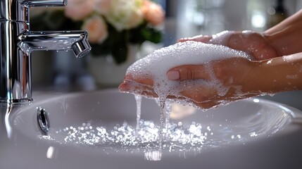 Woman washing hands in bathroom sink, flowers blurred background, hygiene