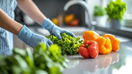 Woman washing lettuce, peppers in kitchen