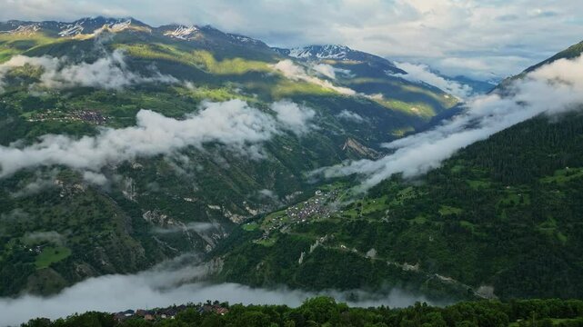 Aerial View Above Village and Pyramides d&rsquo;Euseigne, Swiss Alps