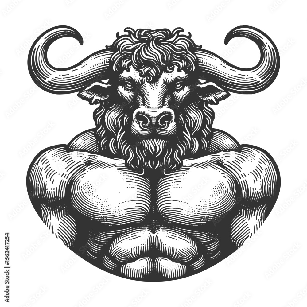 Poster muscular minotaur sketch engraving generative ai fictional character vector illustration. scratch bo