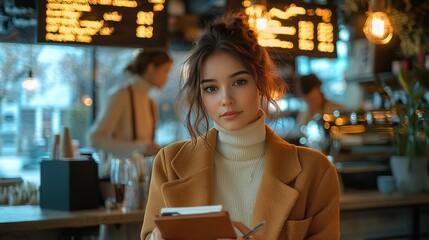 Woman writing notes cafe; staff blurred background