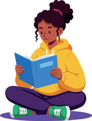 Young girl sitting cross-legged reading a book in casual clothing vector illustration 