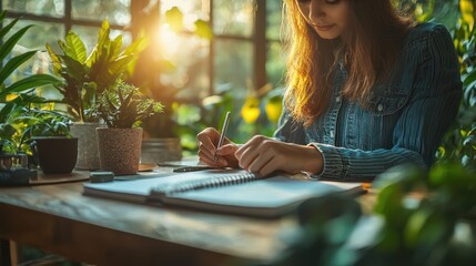 Woman writing notes, plants, sunlight, indoor workspace, journal