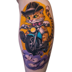 Cartoon cat riding motorcycle tattoo illustration isolated on transparent background