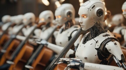 Fototapeta premium Robots playing cellos in a large hall