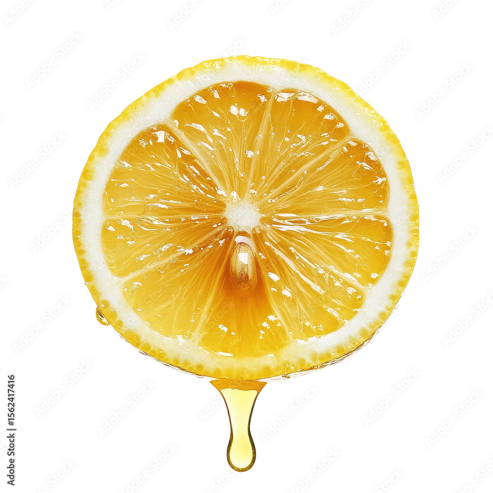 Poster fresh lemon slice with juice dripping on a clean transparent background, highlighting its vibrant te
