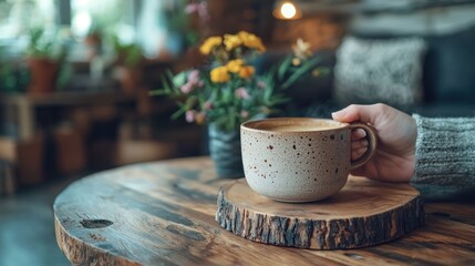 Woman's hand holding coffee, cozy cafe, floral background, relaxation