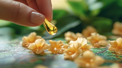 Woman's hand drops oil onto flowers, nature backdrop