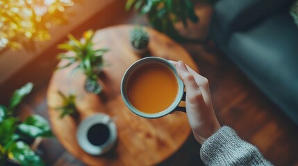 Woman's hand holding coffee, plants, home, sunlight