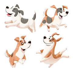 Cartoon dogs illustrations in playful poses isolated on transparent background