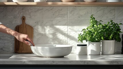 Woman's hand placing bowl on kitchen counter, sunlight