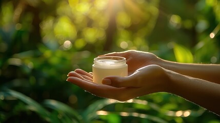 Woman's hands hold cream jar, jungle backdrop, sunlight