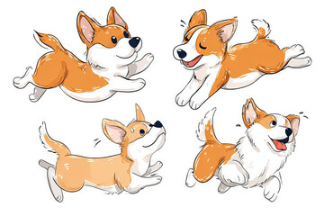 Four cartoon corgi dogs in various playful poses isolated on transparent background