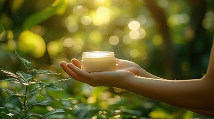Woman's hands hold cream jar, sunlight, green foliage