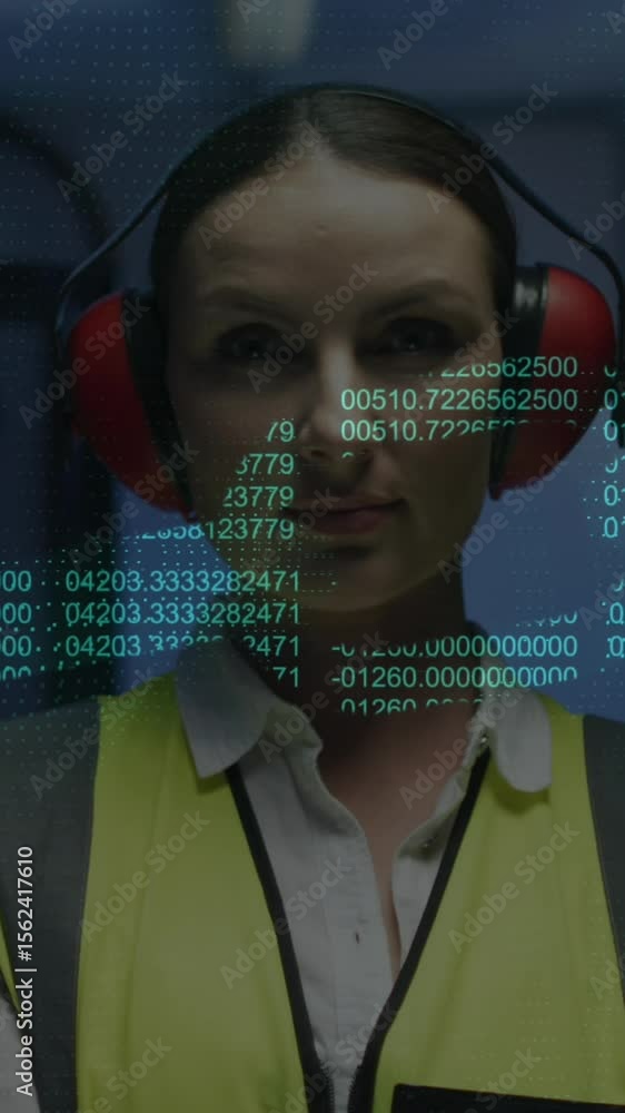 Poster animation of chain data processing over caucasian female it engineer by computer servers