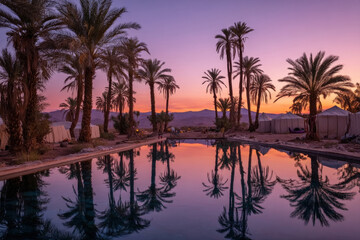 Fototapeta premium Desert oasis with palm trees and nomads camping at twilight by a reflective pool
