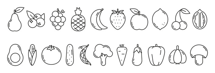 Fruits, vegetables,  food vector icons. Cooking ingredients. Carrot, Tomato, Grapes, Banana, Apple, Lemon, Corn, Pear, Cherry, Broccoli, Mushroom, Cucumber, Nut, Strawberry, Pineapple, Blueberry