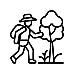 Hiking adventure icon: explore nature with backpack, tree, and hat for outdoor travel and recreation