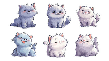 Six cute cartoon kittens sitting and smiling isolated on transparent background