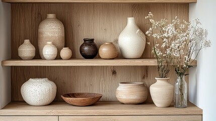 Wooden shelf, vases, pottery, dried flowers, home decor, interior design