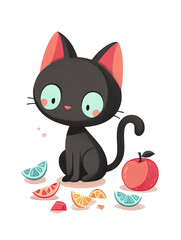 Cute cartoon black cat sitting with fruit isolated on transparent background