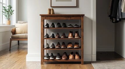 Wooden shoe rack in hallway, organized shoes, home interior