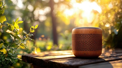 Wooden speaker outdoors sunset garden table