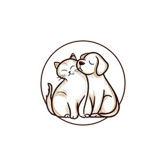 Cartoon cat and dog hugging inside a circle isolated on transparent background
