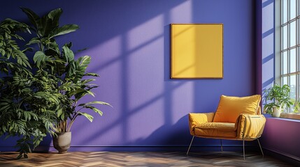 Yellow chair, purple room, plants, mockup poster, sunlight