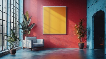 Yellow poster mockup, loft interior, plants, sunlight