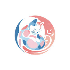 A sleeping cat curled in a circle with leaves isolated on transparent background